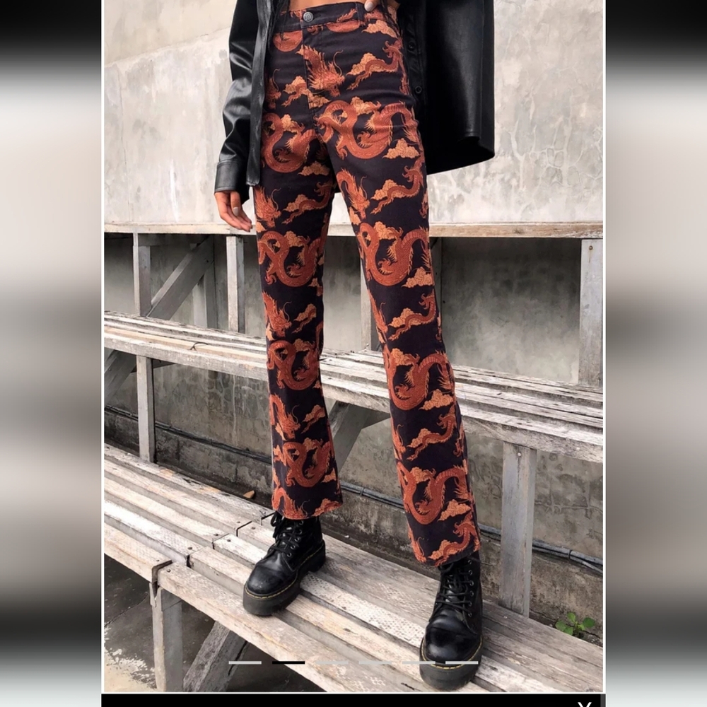 MOTEL ROCKS Black and Orange Dragon Print Pants
